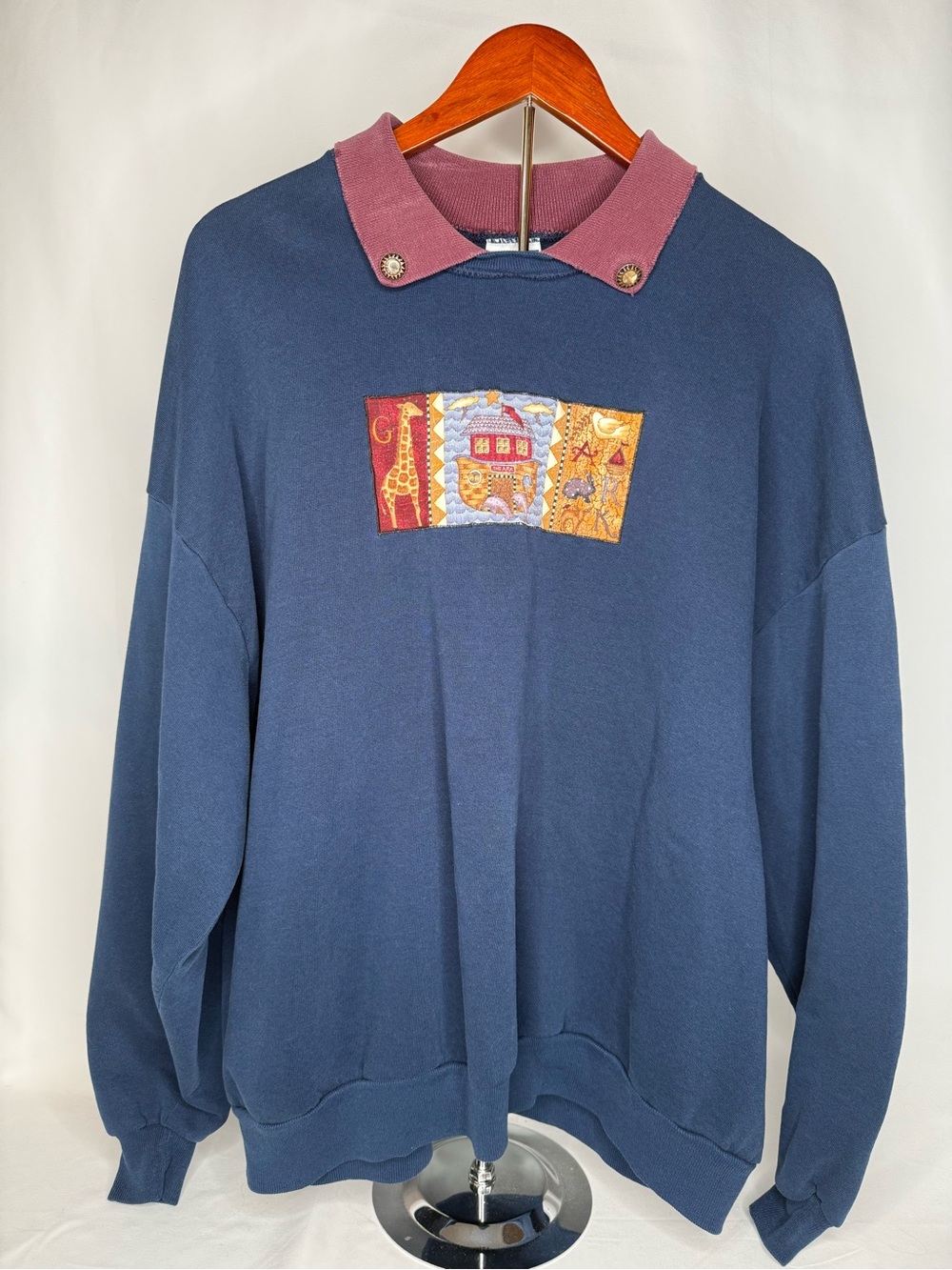 Jerzees Vintage Navy Crewneck Sweater with Burgundy Collar and Embroidered Patch
